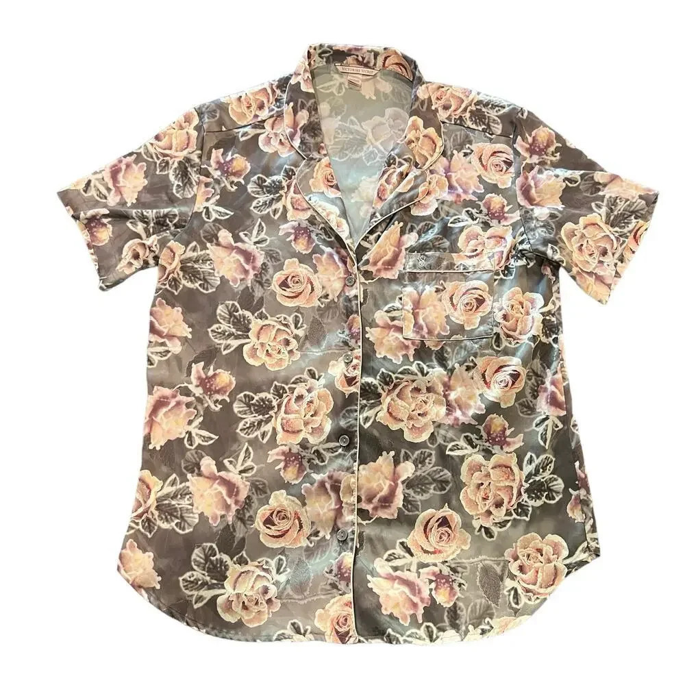 Victoria’s Secret Women’s Large Satin‎ Floral Button-up Short Sleeve Pajama Top